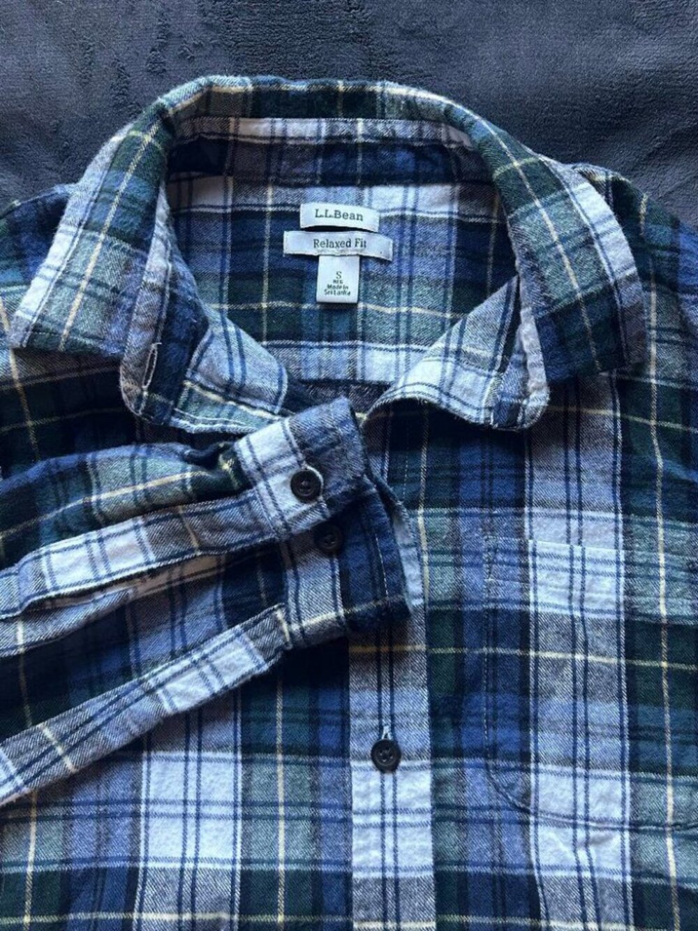 L.L.Bean Relaxed Fit Flannel Shirt S Blue Green Plaid Cotton Womens